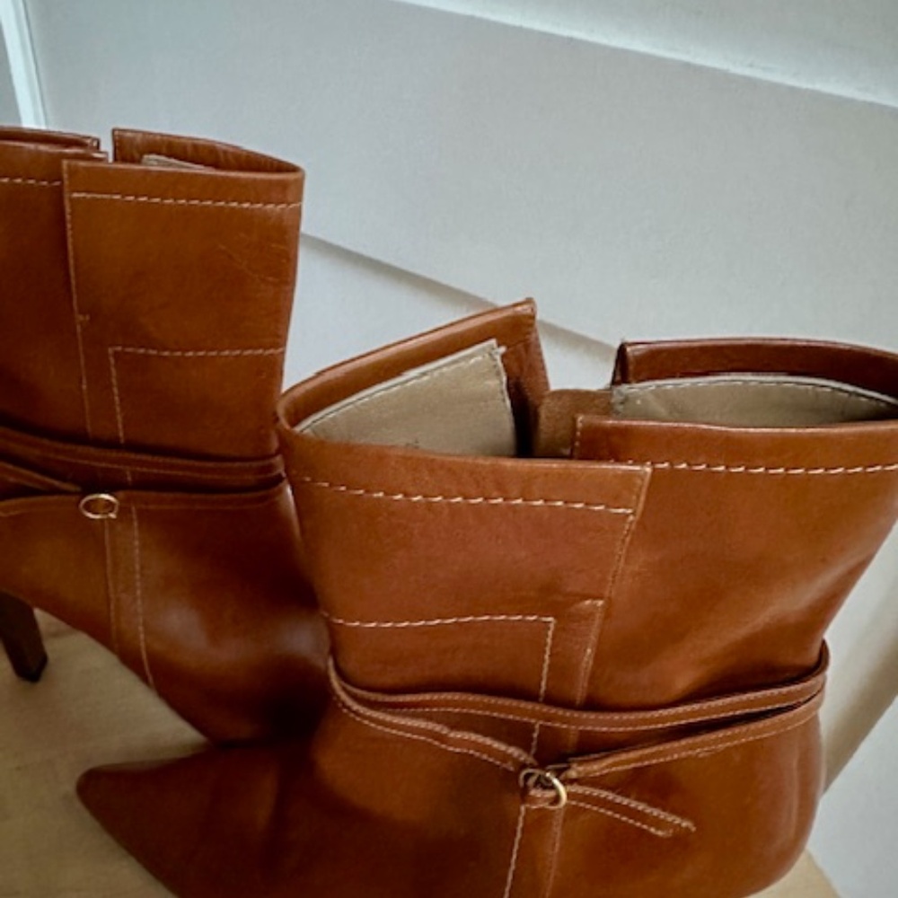 BRAND NEW Vintage Lambertson Truex Cognac Leather Boots 4.25" Heels EU 40 / US 9 - Picture 5 of 12